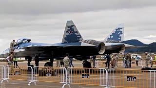 The Su-57 undergoing testing, preparing for takeoff