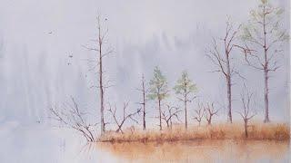 Easy foggy misty river landscape scenery for beginners in watercolor process video