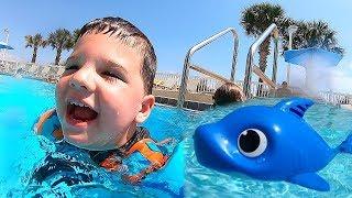 Kids Swimming With Baby Shark Toys in GIANT Swimming Pool! Caleb Pretend Play