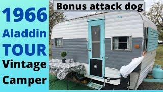 EP 57 - 1966 Aladdin vintage camper retro rv tour. Vintage travel trailer walk through. attack dog