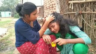 Hair caring video by village girls / nitpicking by long hair video