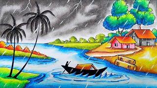 rainy season drawing/rainy day drawing/বর্ষাকালের দৃশ্য আঁকা/বর্ষাকালের দৃশ্য/borshakal drawing