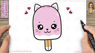 How to Draw Cute Kitty Ice Cream Easy Step-By-Step, Drawing and Coloring for Kids and Toddlers