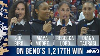 Diana Taurasi, Sue Bird, Maya Moore, and Rebecca Lobo congratulate Geno Auriemma on win 1,217 | SNY