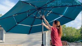 Best Choice Products 10ft 3 Tier Solar Patio Umbrella with LED Lights & Tilt Adjustment - Cerulean