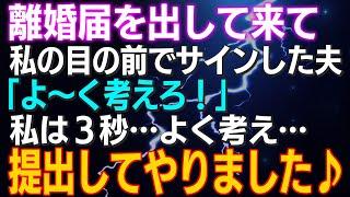 【スカッとする話】離婚届を出して来て私の目の前でサインした夫「よ～く考えろ！」私は３秒よく考え…提出してやりました結果ｗ