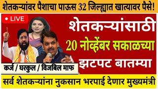 शेतकऱ्यांसाठी आज २० नोव्हेंबर २०२४ झटपट ठळक बातम्या | पिक विमा मोठी बातमी कापूस कांदा Headlines News