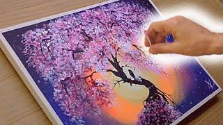 How to Paint Cherry Blosson Tree / Cotton Swab Technique/ Acrylic Painting step by step