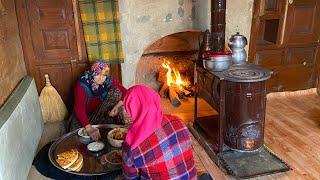 Life in a Wooden Village House. Traditional Village Food, Village Life