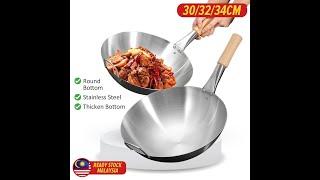 idrop [ 28-36CM ] Round Bottom Uncoated Stainless Steel Cooking Frying Pan