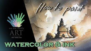 How to paint  watercolor and ink  landscape with old stave church