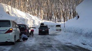 雪道ドライブ　【水上高原スキーリゾートへ向かう・国道291号ー県道63号水上片品線】路面凍結!!タイヤチェーン巻き!!巻き!!山道はキビシいよー!!