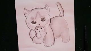 Cute cat drawing with kitten  , how to draw cat , pencil sketch, drawing tutorial