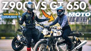 Girl Riding GT 650 ️ GT 650 vs Kawasaki Z900 Motovlog - HANDLE WOBBLE  @Thequeencz