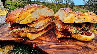 A Giant Chicken Parm Sandwich, only a few people can eat the whole thing. ASMR Outdoor Cooking.