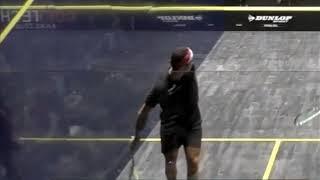 SQUASH. Elias hits a no-look, x-court roller