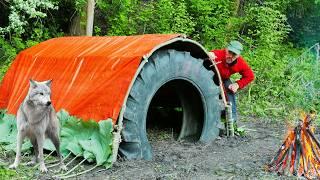 Epic Bushcraft Shelter: Willow Dome, Tarp Cover & Entrance Made from an Old Tire