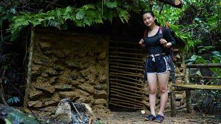 Building a shelter under a giant ROCK during heavy rain, making stone houses | Oanh Green Forest