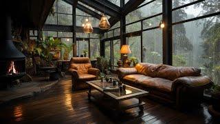 Warm Jazz Instrumental Music in Cozy Rainforest Cabin ️ Soft Jazz Relaxing Music for Stress Relief