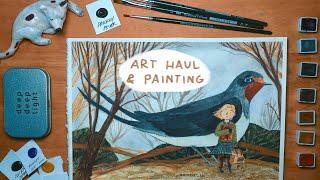 Cozy deep deep light watercolour swatching session + painting magical woodland bird illustration. 