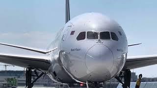 Close view big aircraft’s movements at Frankfurt Airport.