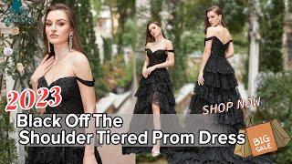 Zapaka Women Long Prom Dress Black Off The Shoulder Tiered A-Line Formal Evening Dress