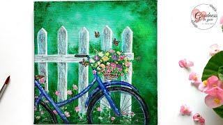 Welcome Spring ! A Bicycle near a Fence Acrylic Painting for Beginners