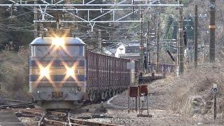 [峠道を行く貨物列車]山陽本線 三石駅をさまざまな貨物列車が通過