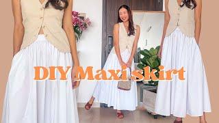 DIY Maxi skirt with gathered fabric at the front and elastic waistband at the back