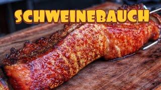 SCHWEINEBAUCH vom DREHSPIESS - SAFTIGER GEHT ES KAUM - deutsches BBQ-Video - 0815BBQ