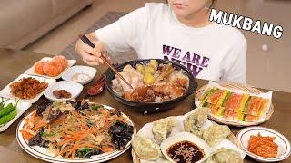 Cooking Mukbang :) glutinous rice whole Chicken , Japchae, dumpling. korean food.