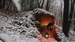 Building a warm and cozy survival dugout. Log shelter, Secret cave, Winter bushcraft