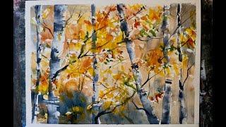 Using Masking Fluid: A Simple Watercolour Autumn Silver Birches, Fall Watercolor Tutorial Beginners