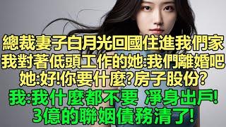 總裁妻子的白月光回國住進我們家，我對著低頭工作的總裁妻子：我們離婚吧！她隨口就答：好！你要什麼？房子股份？我：我什麼都不要，凈身出戶！3億的聯姻債務清了！我飛往國外後前妻找我，復婚好不好，求求你！