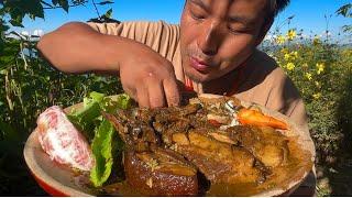 Eating most popular Ao Naga dish Anishi with pork || Naga Food.