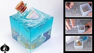 Message in a Bottle Epoxy Resin Paperweight Cube with Ocean Sea Foam Effect | DIY