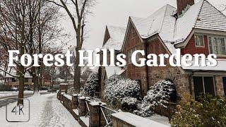 Winter Wonderland: A Breathtaking Snowy Stroll in Forest Hills Gardens, New York. 4K