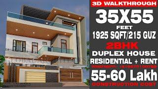 35x55 Feet House Plan Rent + Residential 1925 SQFT House 215 Gaj Home Design with Modern Elevation