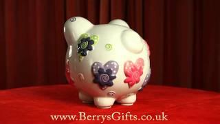 Extra Large Embossed Ceramic Piggy Bank - Floral Hearts