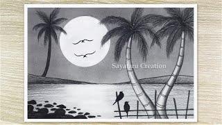 Beautiful Sunset Nature Drawing with Pencil Sketch, Easy Pencil Drawing for Beginners