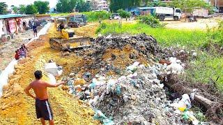 Amazing Complete Project! Filling Land, Garbage Dump & Clear Pushing Stone Into​ Pit By Skills Dozer