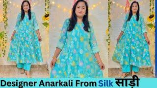 Designer Anarkali From Silk Saree|Reuse Old saree|without Joint Anarkali cutting stitching #meesho