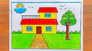 House Drawing / How to Draw a Simple House Step By Step Very Easy / House Scenery Drawing Easy Steps