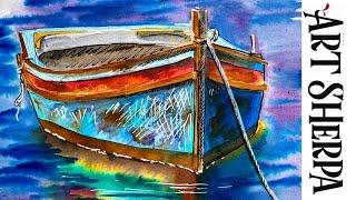 Easy How to Paint  A Boat on Water Line and Wash Watercolor Step by step | The Art Sherpa
