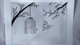 How to draw birds got freedom from the cage / Bird's freedom drawing