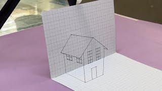 Perspective Drawing || How to Draw a House 3D Trick art on Graph paper