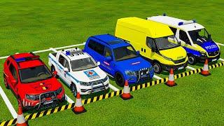 TRANSPORTING POLICE, AMBULANCE, TESLA, CHEVROLET CARS & VOLKSWAGEN POLICE ! Farming Simulator 22