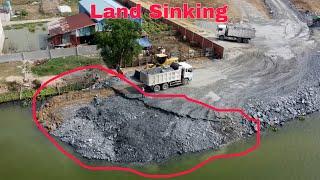 Amazing Recovery The Land From Sinking Into The Water, Wheel Loader And Dump Trucks Working Hard