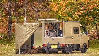 Cozy Autumn Car Camping with a Wood Stove | Japanese Kei-Truck | Relaxing nature ASMR