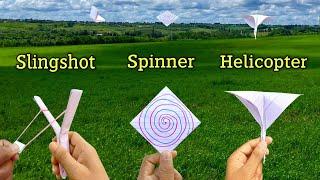 Best 3 flying toy launcher, make paper flying ideas, 3 toy making, slingshot, spinner, helicopter